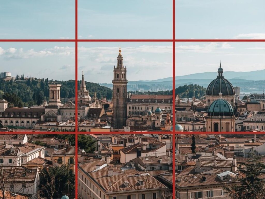 Travel photo with rule of thirds grid overlay showing subject positioned at intersection point