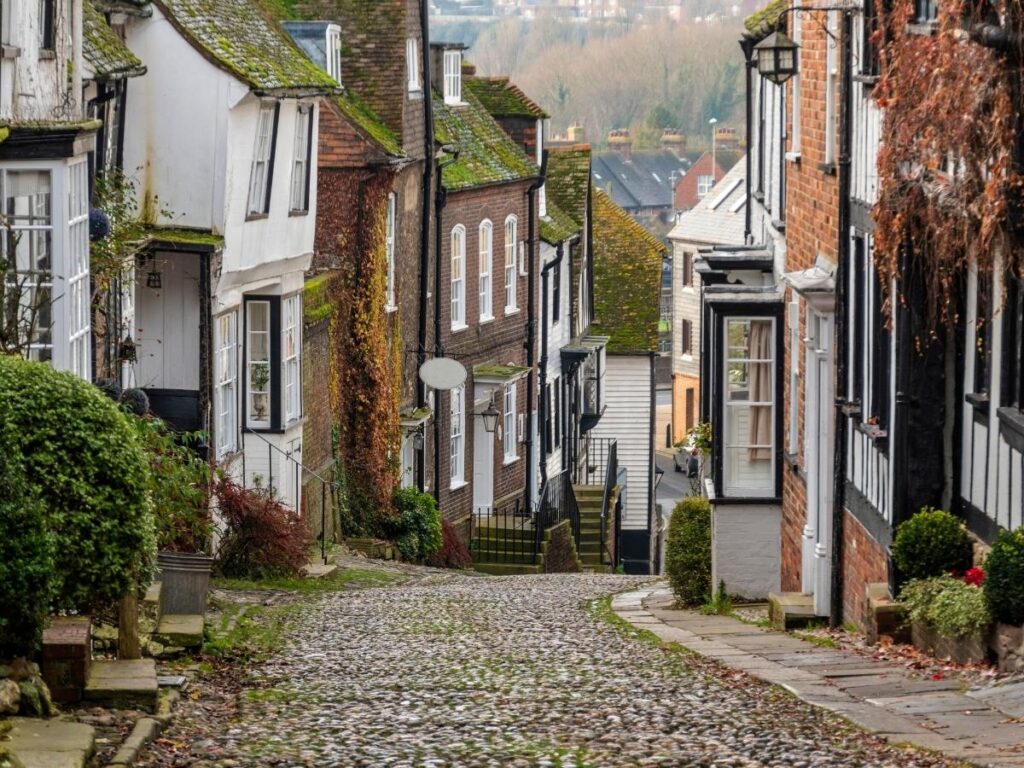 Cobblestone street with Tudor buildings in Rye, East Sussex