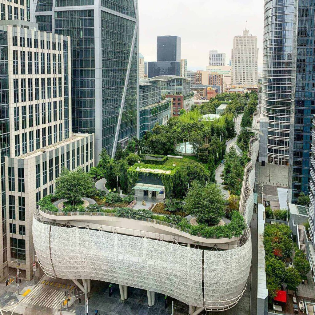 rooftop garden and walking paths at Salesforce Park above downtown
