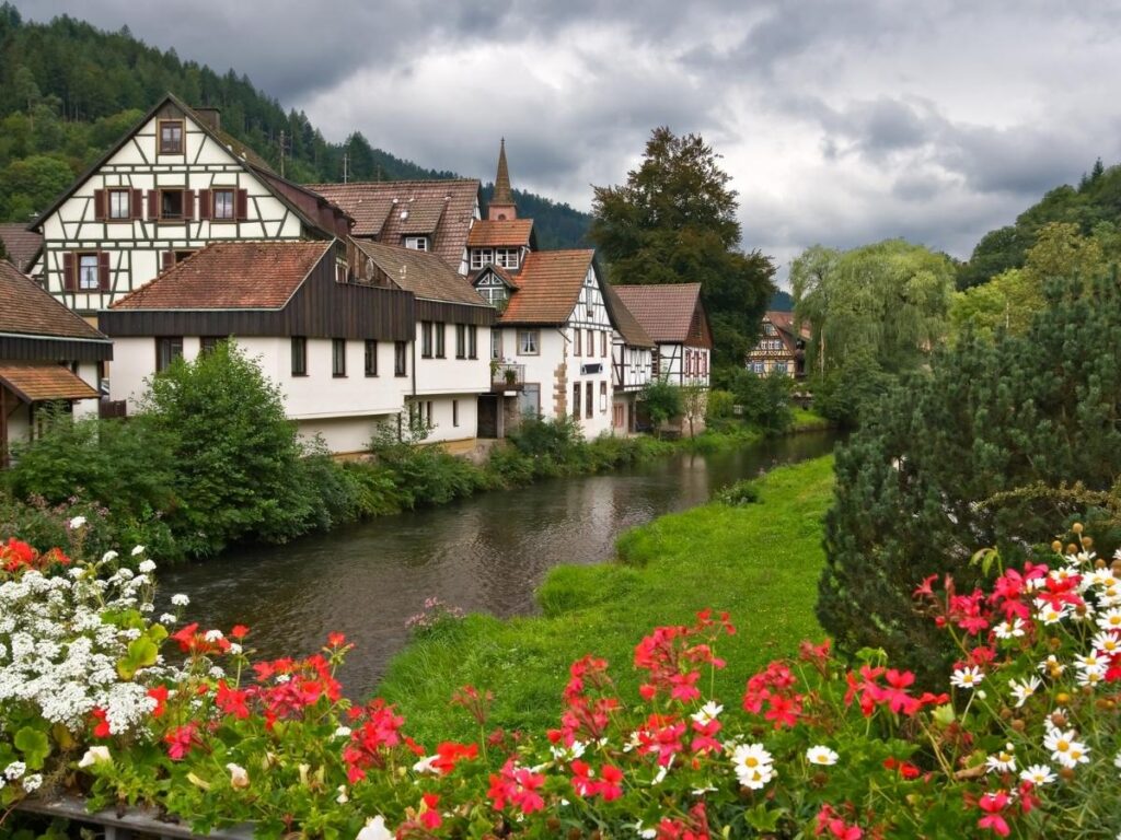 Half-timbered houses along Kinzig River in Schiltach, Black Forest, Germany