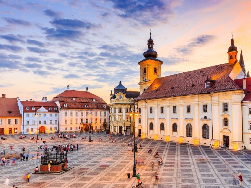 Pastel buildings and cobblestone streets in Saxon old town of Sibiu, Transylvania