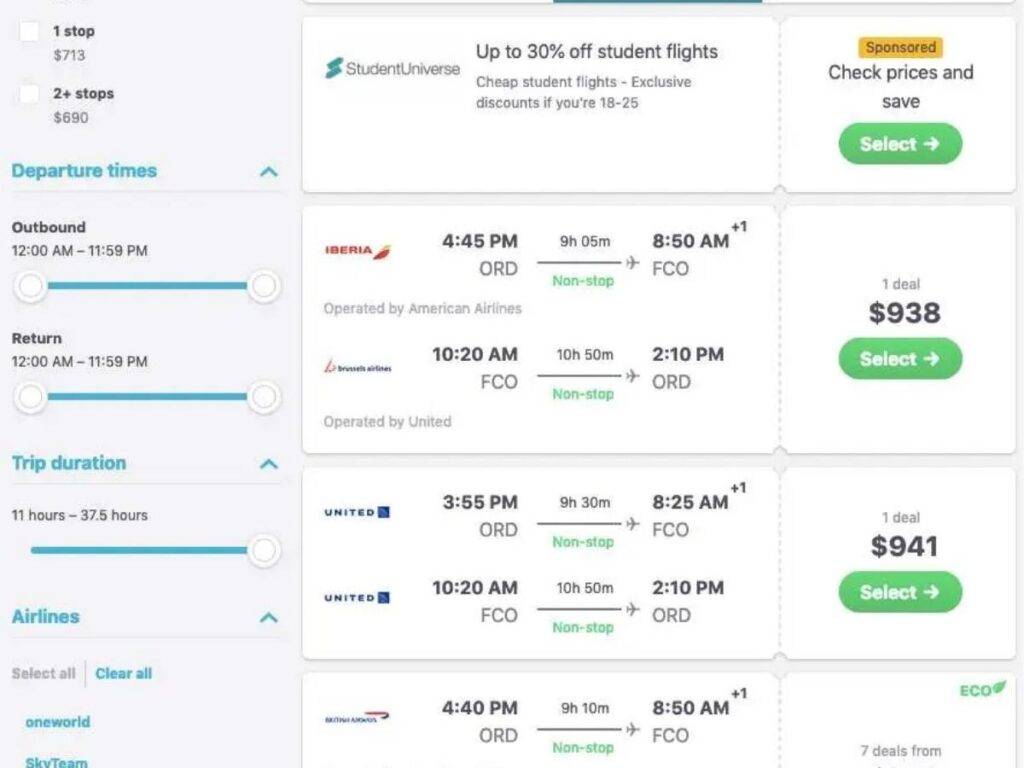 Skyscanner flight results displaying multiple budget airlines and booking options