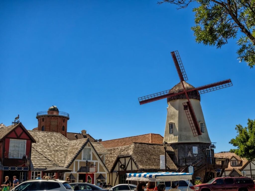 Traditional Danish windmill and half-timbered buildings in Solvang California