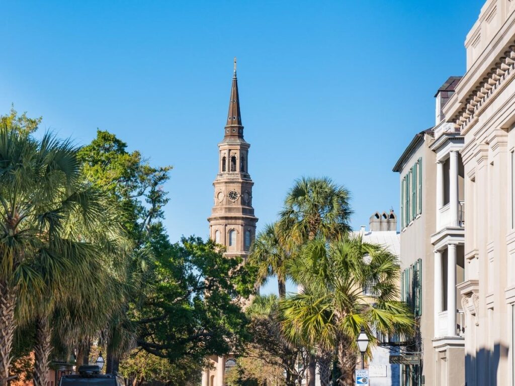 St Philips Church steeple rising above historic buildings in Charleston