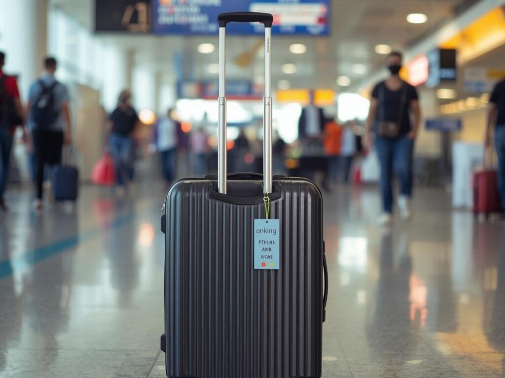 Travel suitcase with identification tag at airport