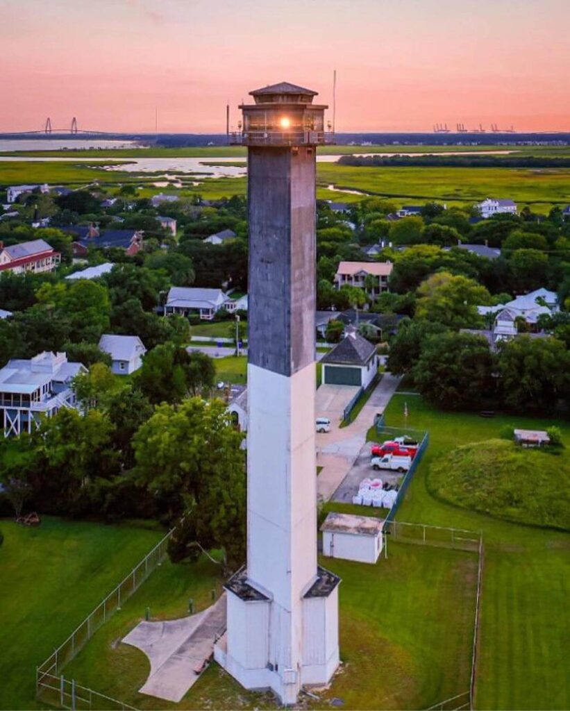 Sullivan Island Lighthouse with bold horizontal bands near Charleston