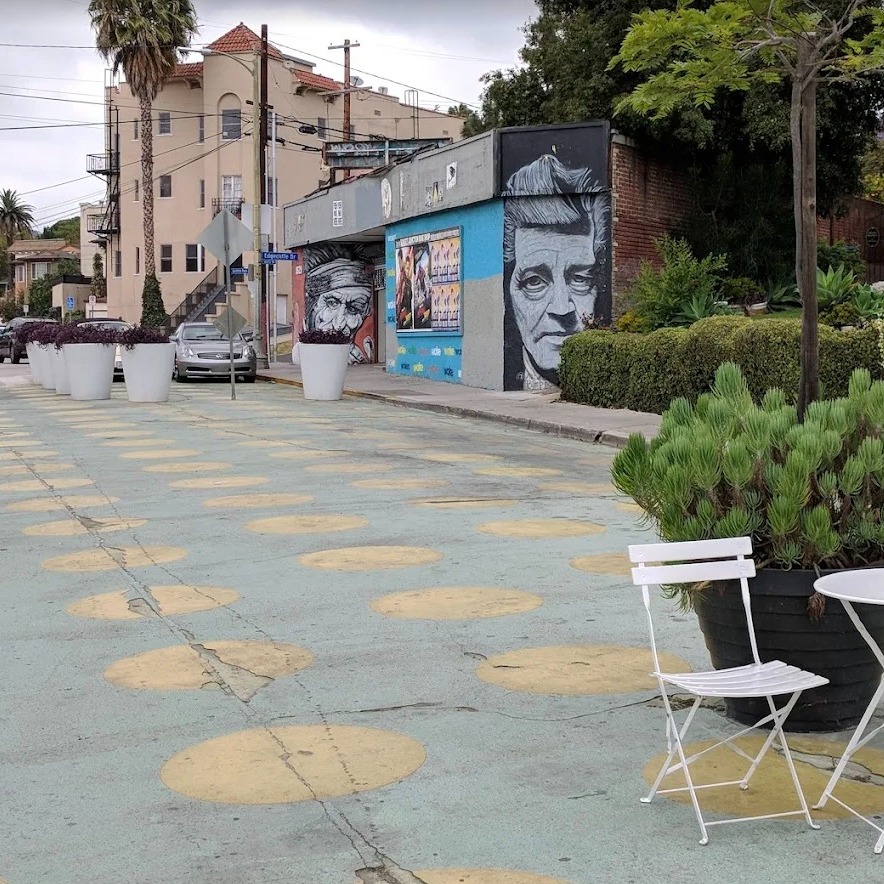 Indie shops and cafes at Sunset Junction intersection in Silver Lake Los Angeles