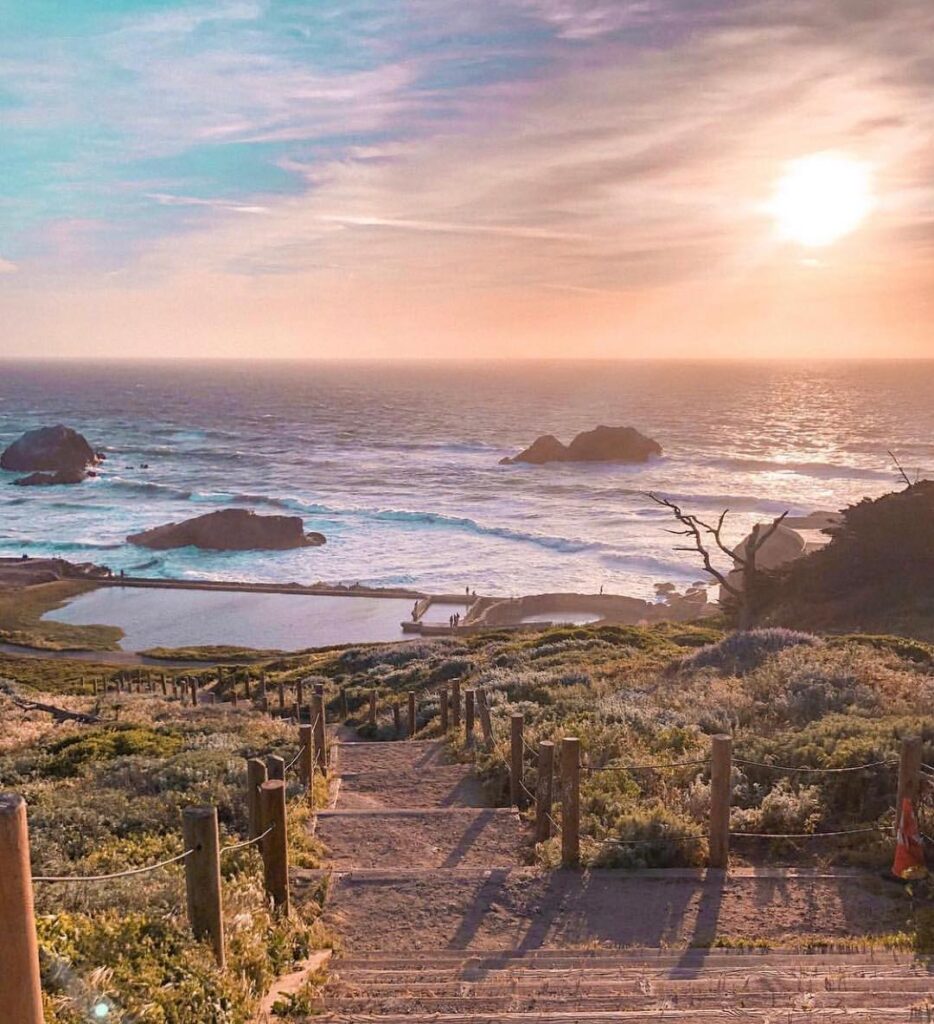 Sutro Baths ruins with ocean waves crashing along the rocky coastline
