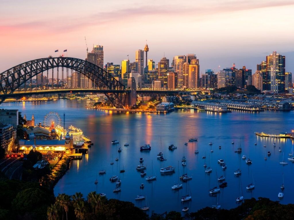 Sydney Opera House and Harbour Bridge at sunset in Sydney Australia