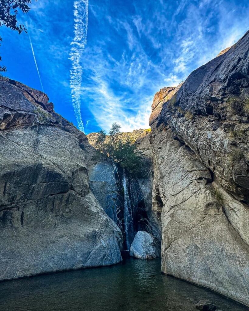 Waterfall and rocky canyon scenery in Tahquitz Canyon near Palm Springs