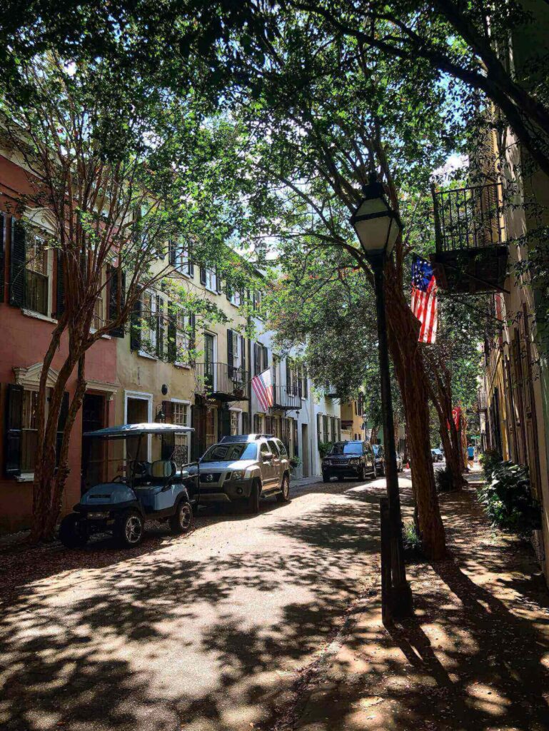 Historic homes and garden gates along Tradd Street in Charleston