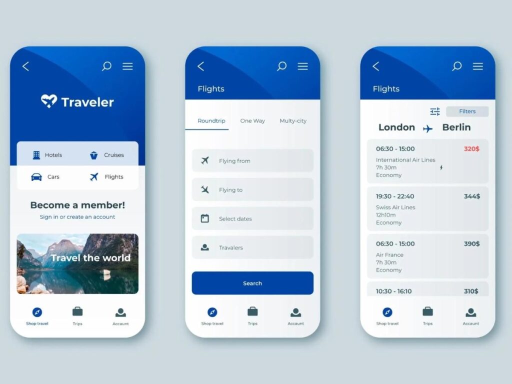 Travel expense tracker app showing spending breakdown and budget charts
