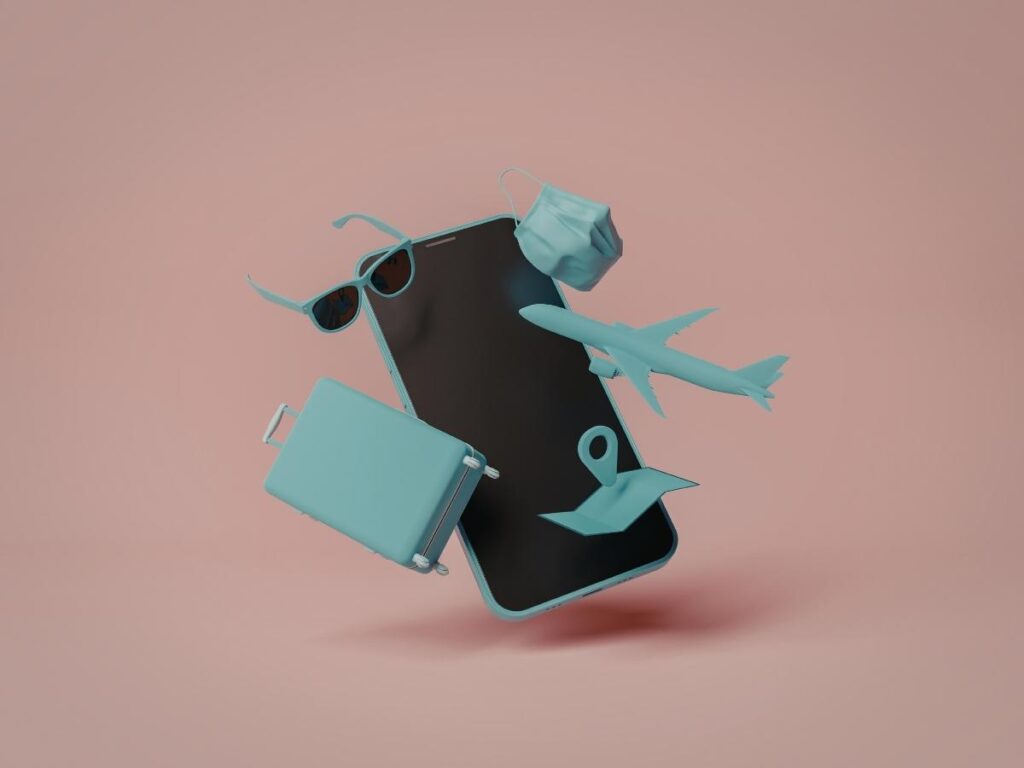 Hand holding phone with travel itinerary and booking confirmations organized in app