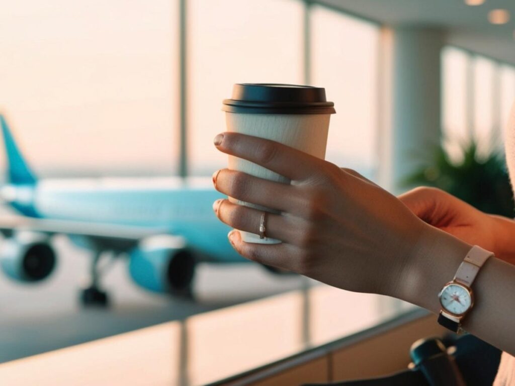 Woman sitting comfortably at airport gate with coffee before flight