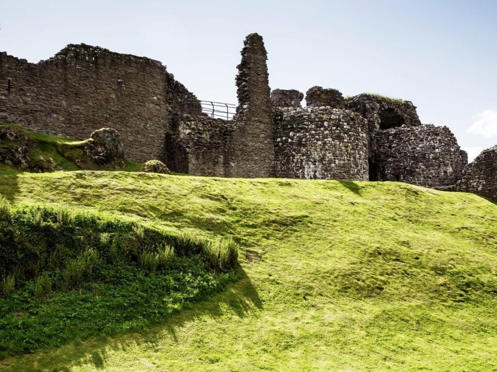 Ruins of Urquhart Castle overlooking Loch Ness in Scottish Highlands