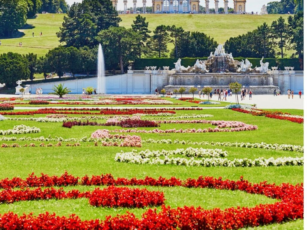 Schonbrunn Palace with manicured gardens in Vienna Austria