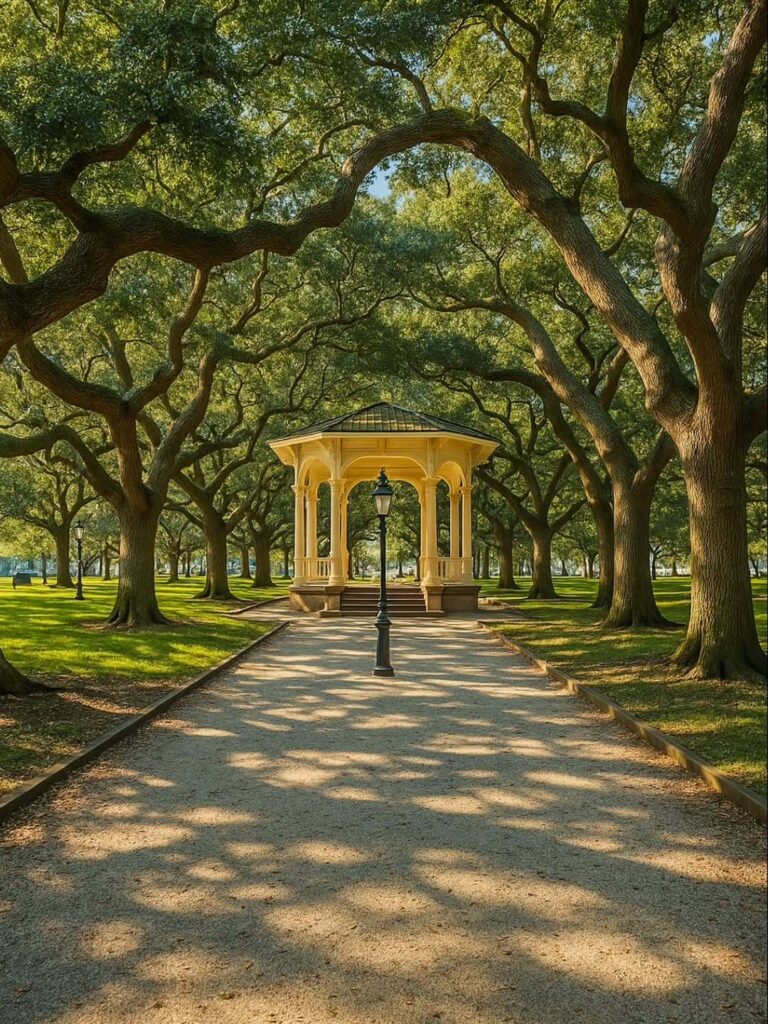 White Point Garden with oak trees and harbor views in Charleston