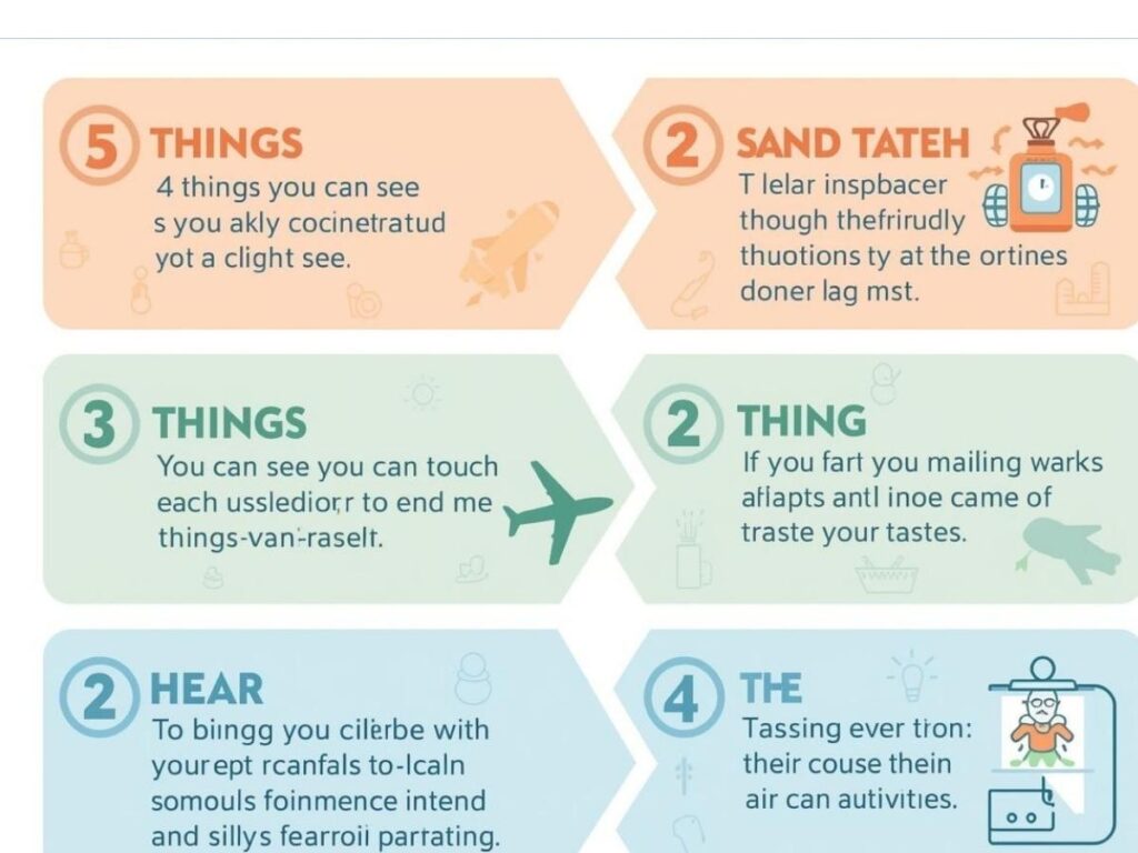 Infographic explaining 5-4-3-2-1 sensory grounding exercise for flight anxiety