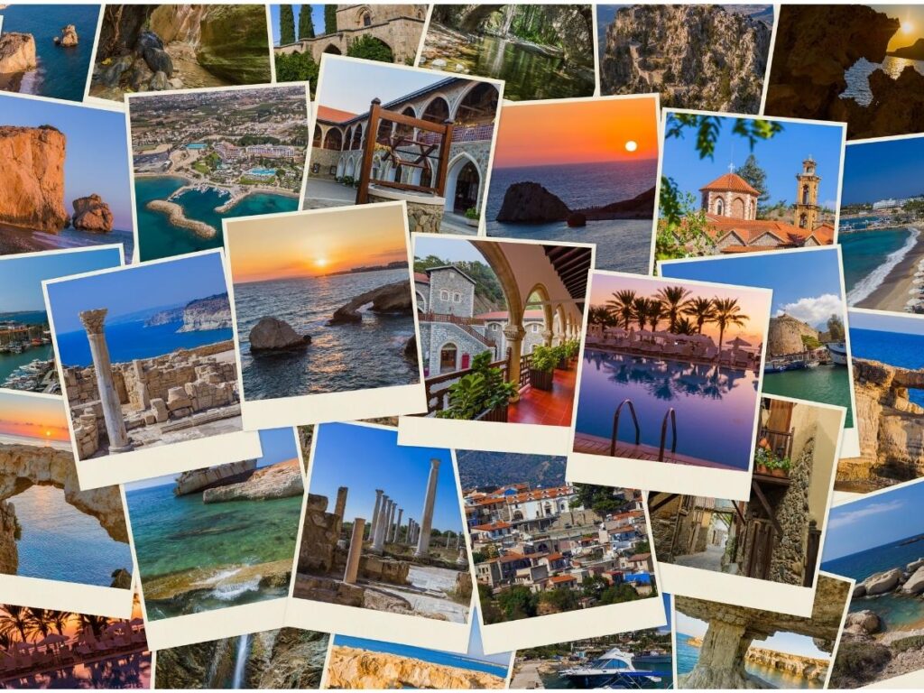 Collage of colorful affordable travel destinations including colorful streets, turquoise lakes, and ancient architecture around the world