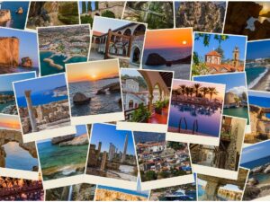 Collage of colorful affordable travel destinations including colorful streets, turquoise lakes, and ancient architecture around the world