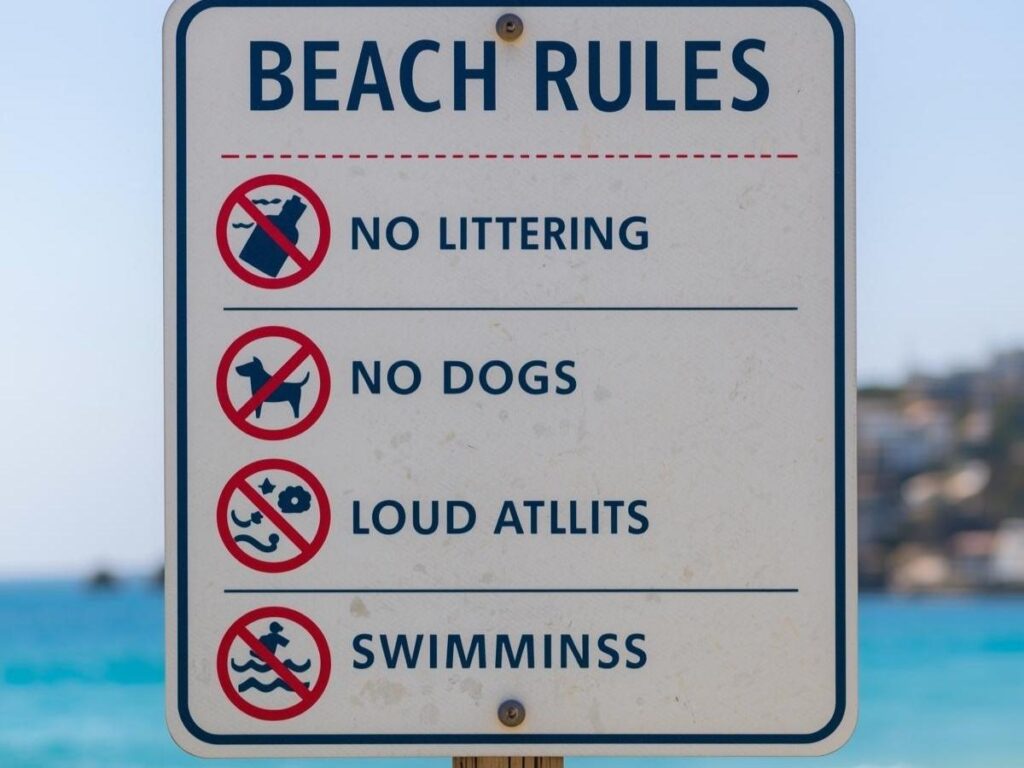 Beach regulation signs showing sandcastle restrictions in European beach