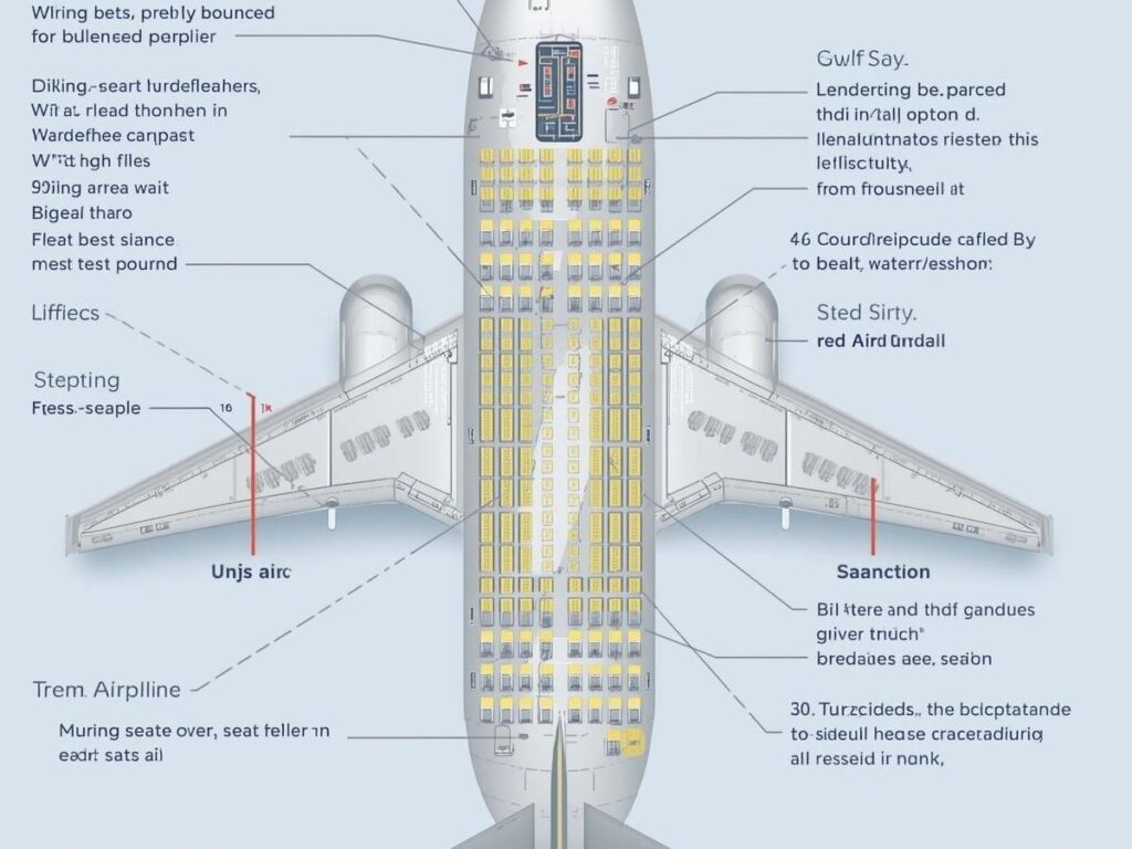 Airplane seating chart highlighting wing area seats for reducing turbulence sensation