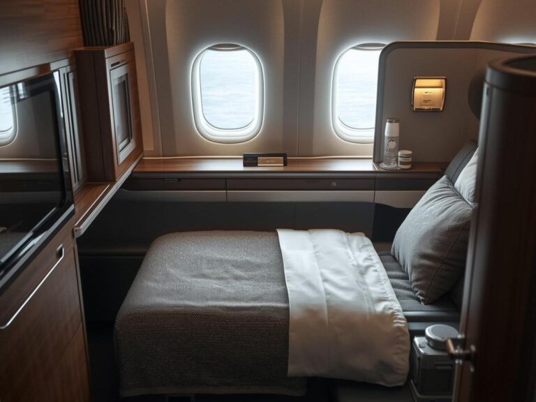 Luxury first class airline suite with flat bed and window view on a long-haul international flight