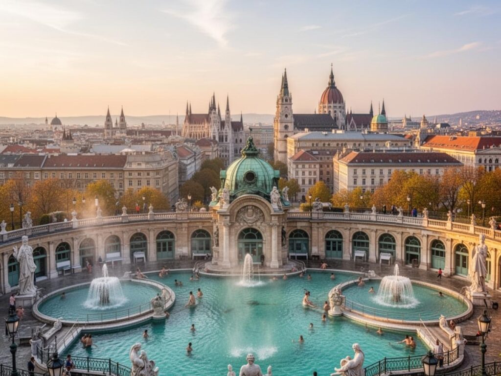 Panoramic view of Budapest Hungary with the Széchenyi thermal baths and city architecture in the background