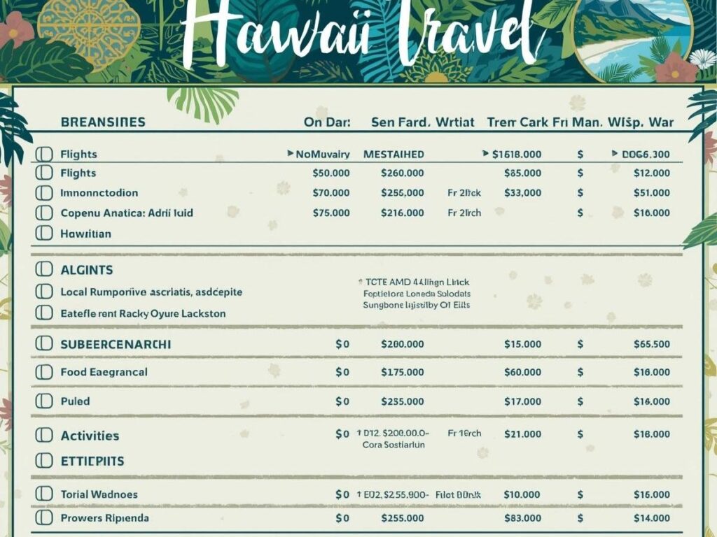 Visual budget breakdown showing costs for affordable Hawaii vacation under $1000