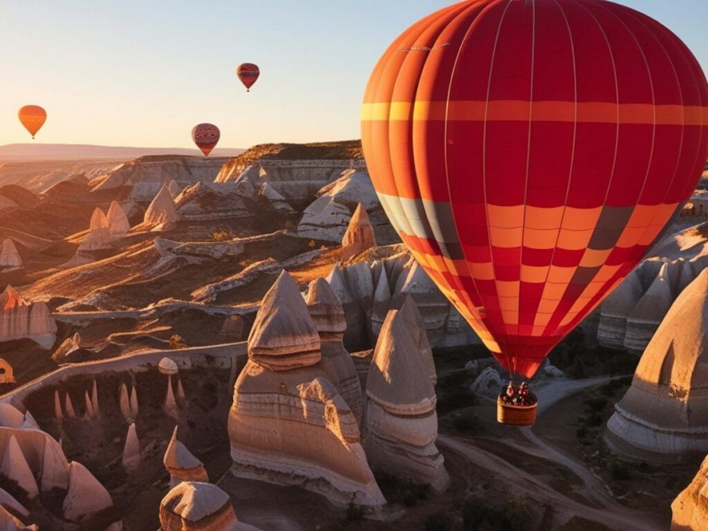  Hot air balloons floating over fairy chimneys in Cappadocia Turkey at sunrise