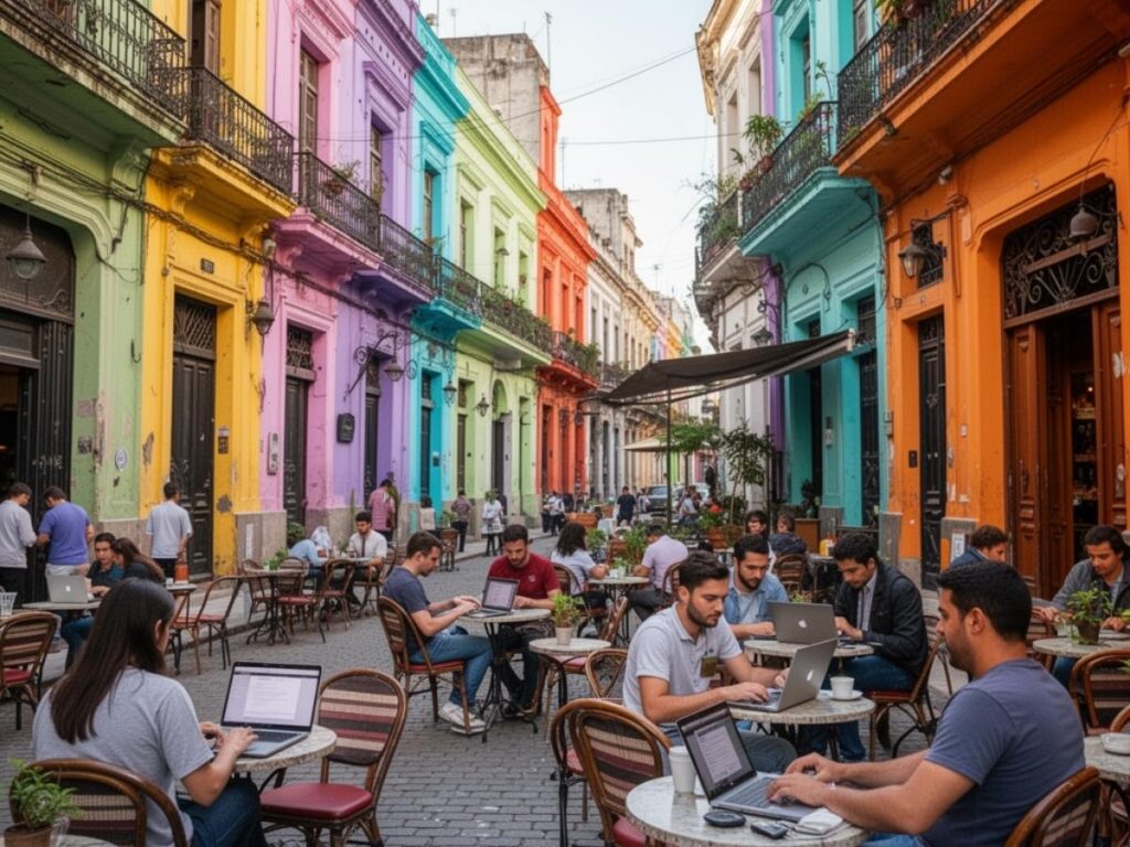 Colorful street in Buenos Aires Argentina with outdoor café seating popular with remote workers