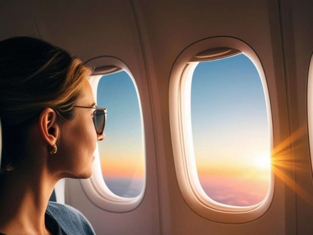 Woman looking peacefully out airplane window during flight with calm expression