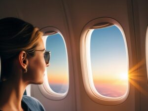Woman looking peacefully out airplane window during flight with calm expression