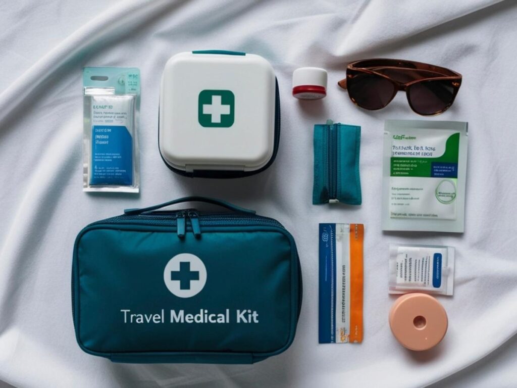 Travel go kit with passport, charger, headphones, and emergency items for carry-on bag