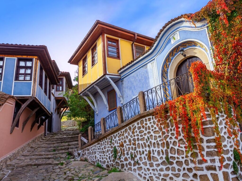 Old town Plovdiv Bulgaria with colorful buildings and cobblestone streets
