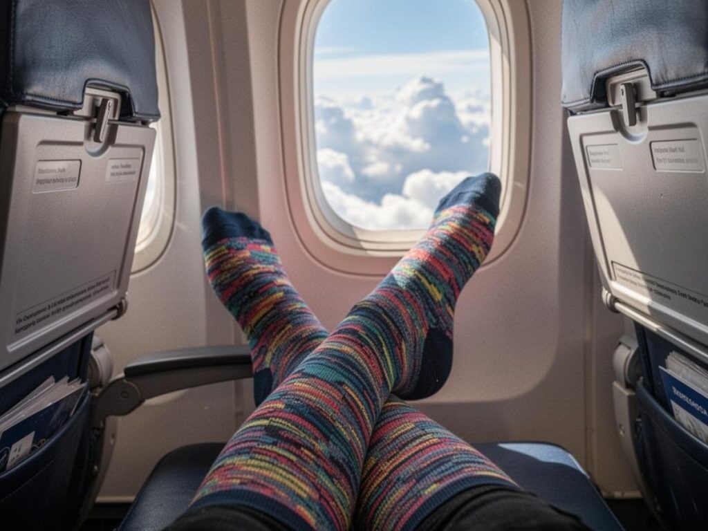 Person wearing patterned compression socks with legs resting on airplane seat during a long-haul flight