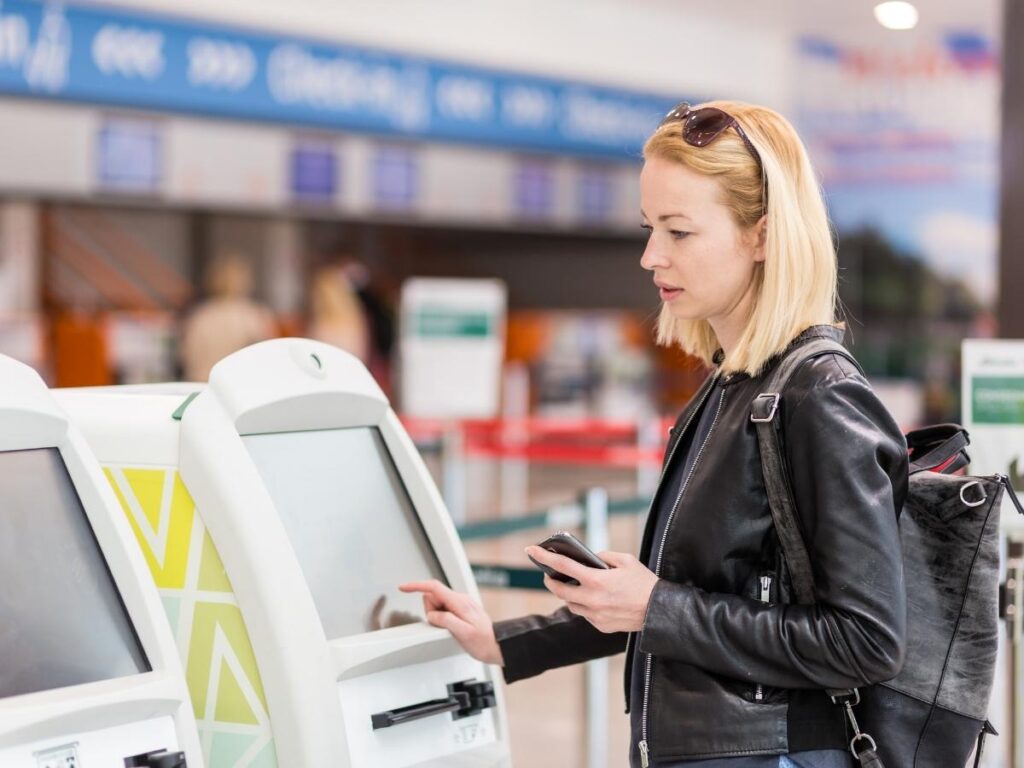 American traveler using ATM at European airport