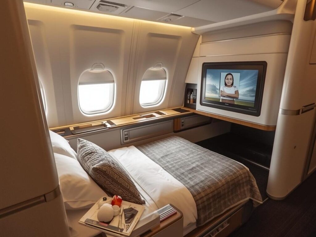 Emirates first class fully enclosed private suite on Boeing 777-300ER with flat bed and personal TV