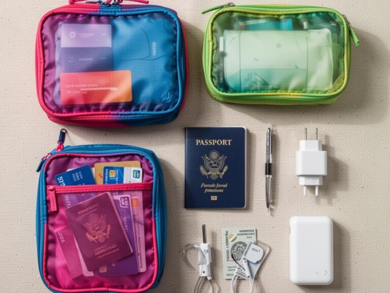 Flat lay of essential travel products including packing cubes, passport, adapter, and portable charger on a neutral background