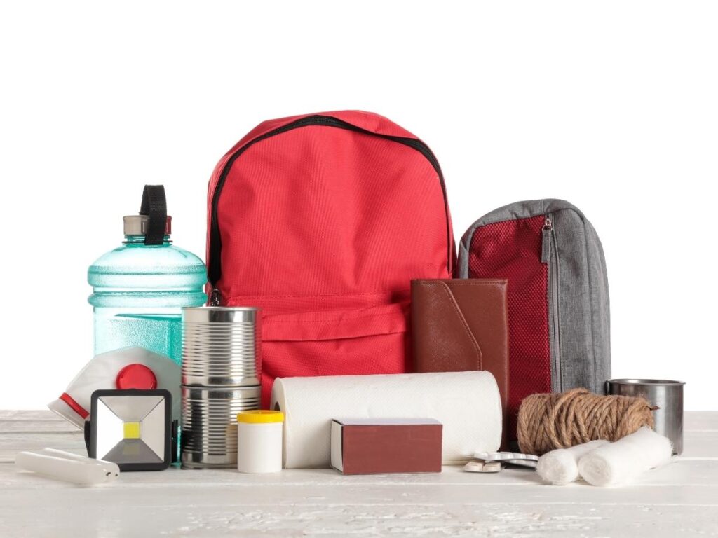 Organized carry-on bag with comfort items for nervous flyers including headphones and snacks
