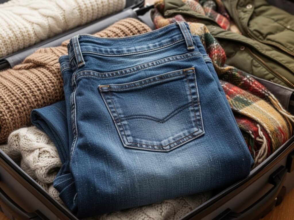 Neatly folded pair of thick denim jeans tucked into a travel suitcase alongside other winter clothing