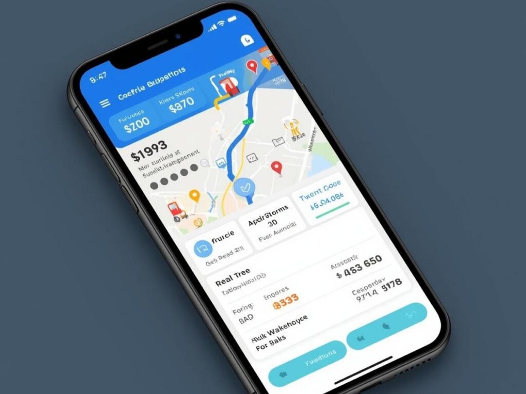 Smartphone showing gas price comparison app to save money on road trip fuel