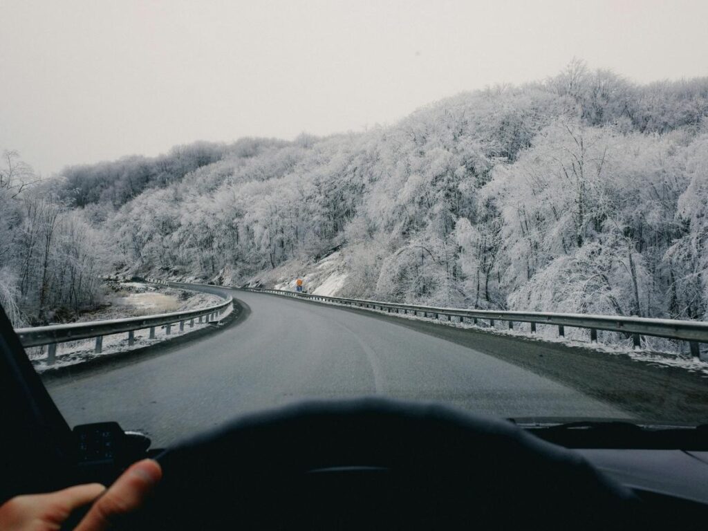 Smiling driver view from inside car on scenic road trip journey