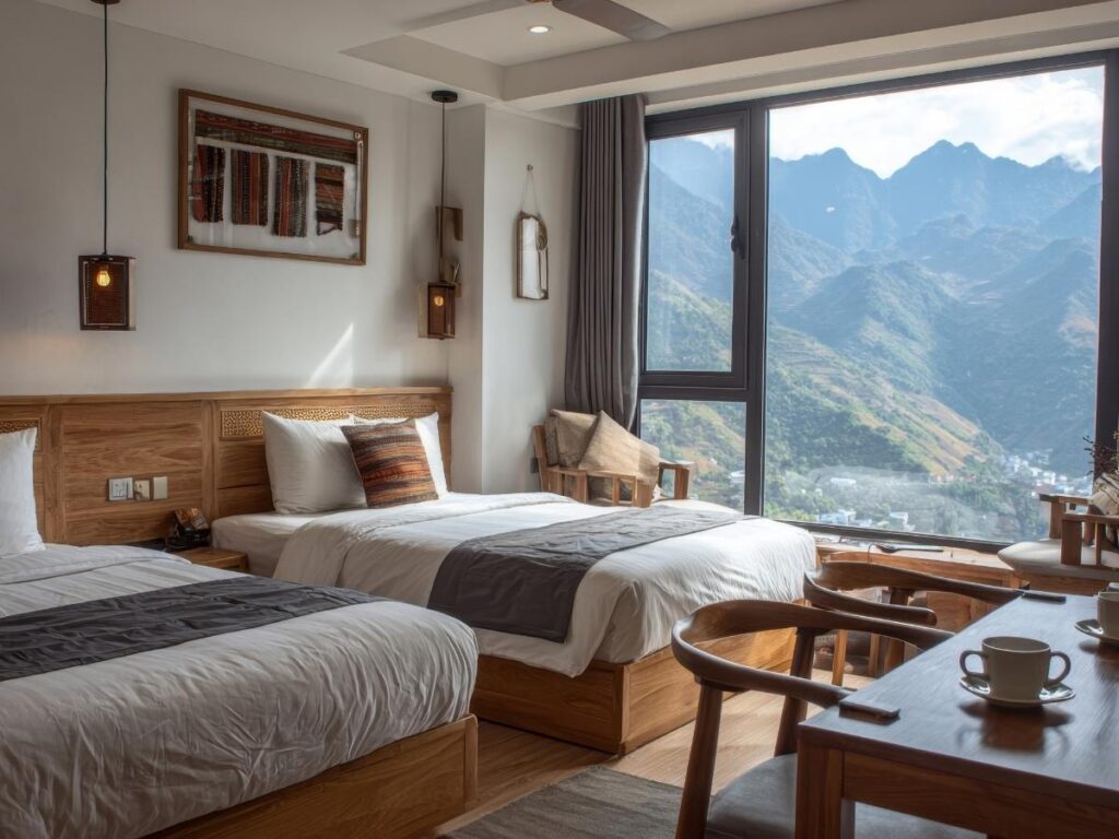 Happy female traveler drinking from personal water bottle in clean hotel room