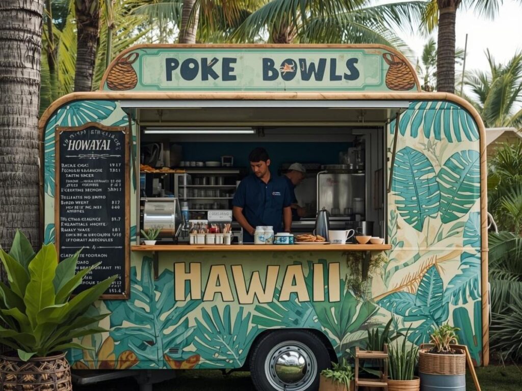 Fresh poke bowl from local Hawaiian food truck with ahi tuna and rice