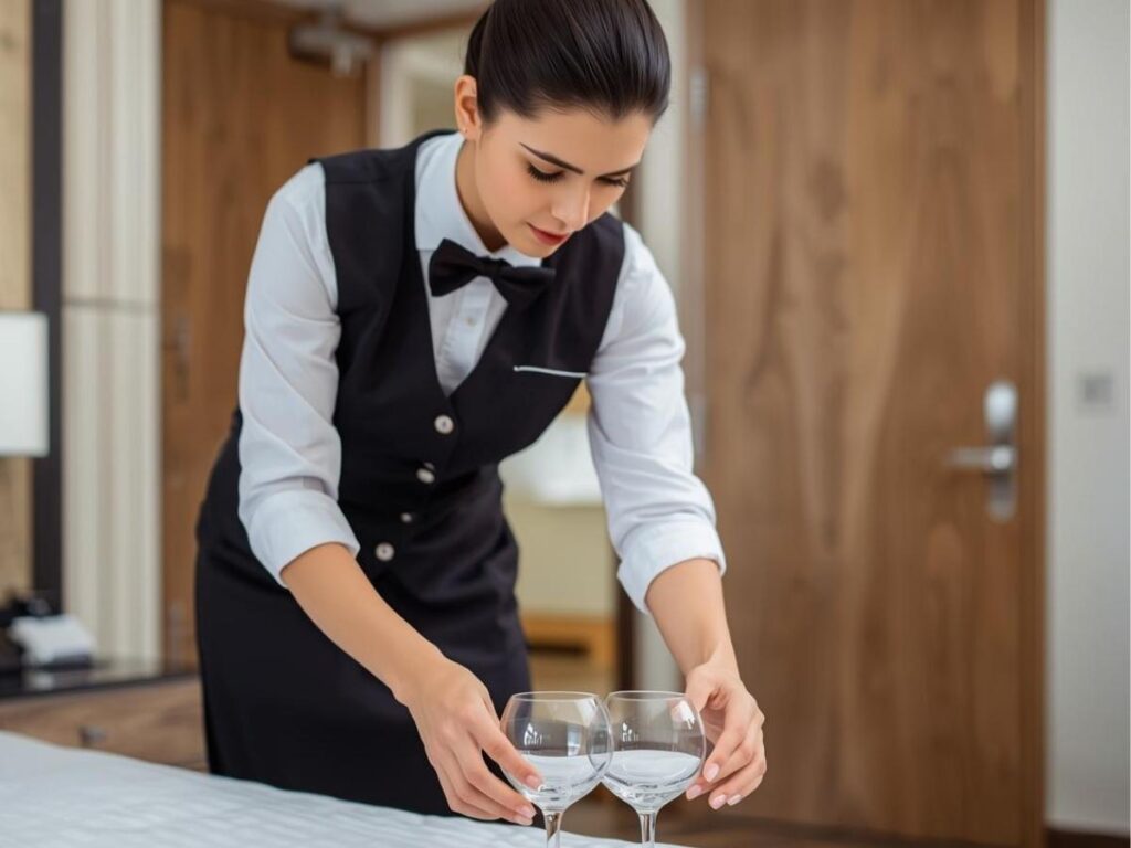 Hotel housekeeper cleaning guest room with cleaning supplies and glassware