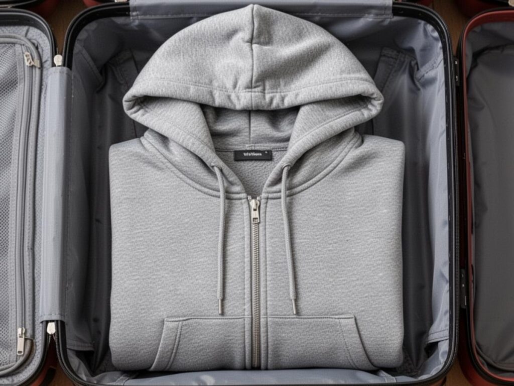 Hoodie folded flat with hood tucked in for space-saving packing inside a travel suitcase