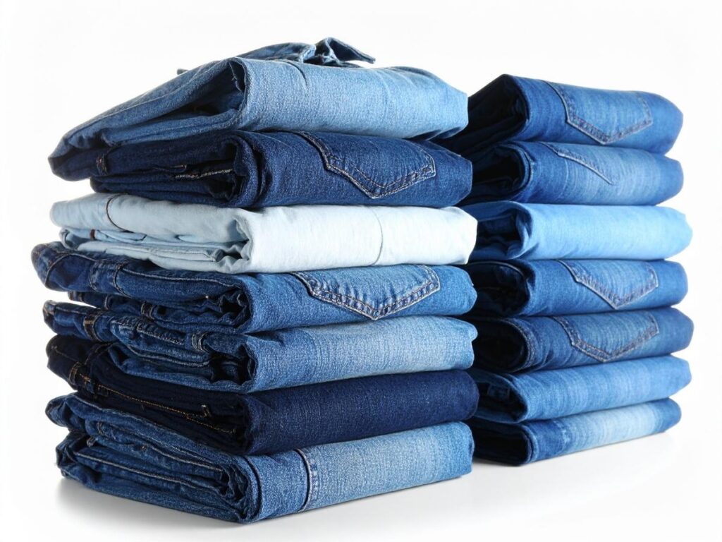 Thick denim jeans folded along the inseam seam in steps ready to be packed into a suitcase