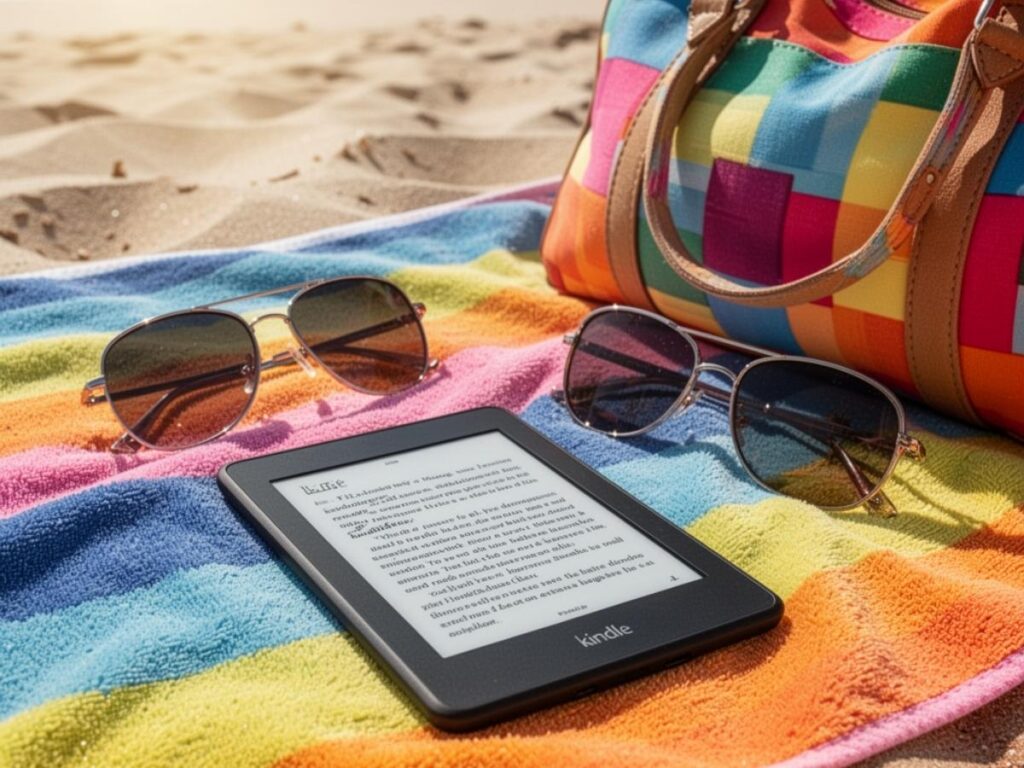 Kindle e-reader resting on a beach towel with sunglasses and a travel bag nearby