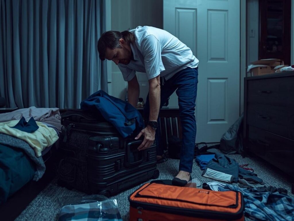 Person rushing to pack a suitcase the night before a flight with items scattered around